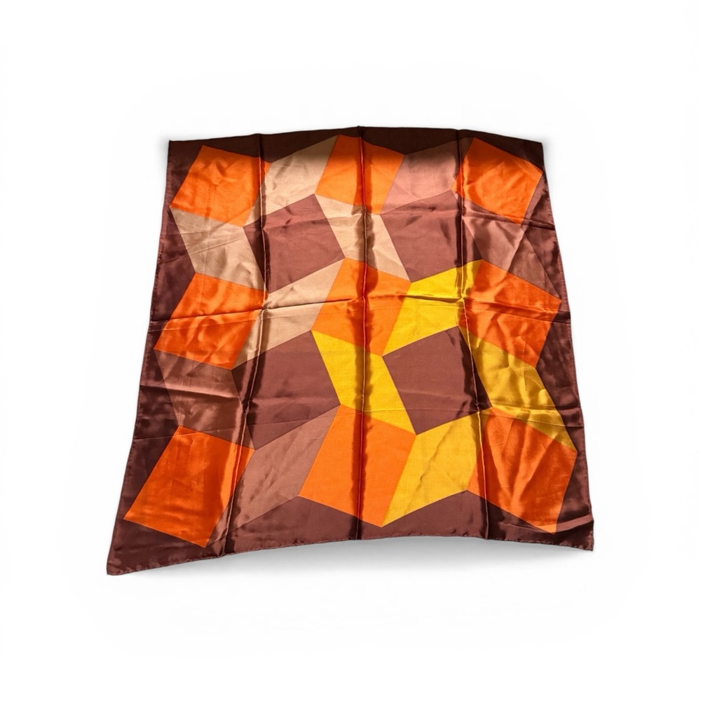 Vintage All Acetate hand rolled Geometric Patterned scarf Brown, Orange, Yellow